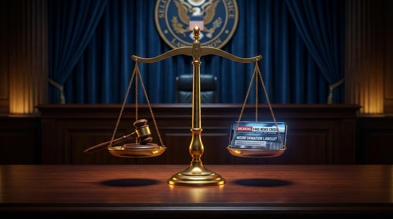 가짜뉴스 법적 책임 - 법정 저울과 스마트폰